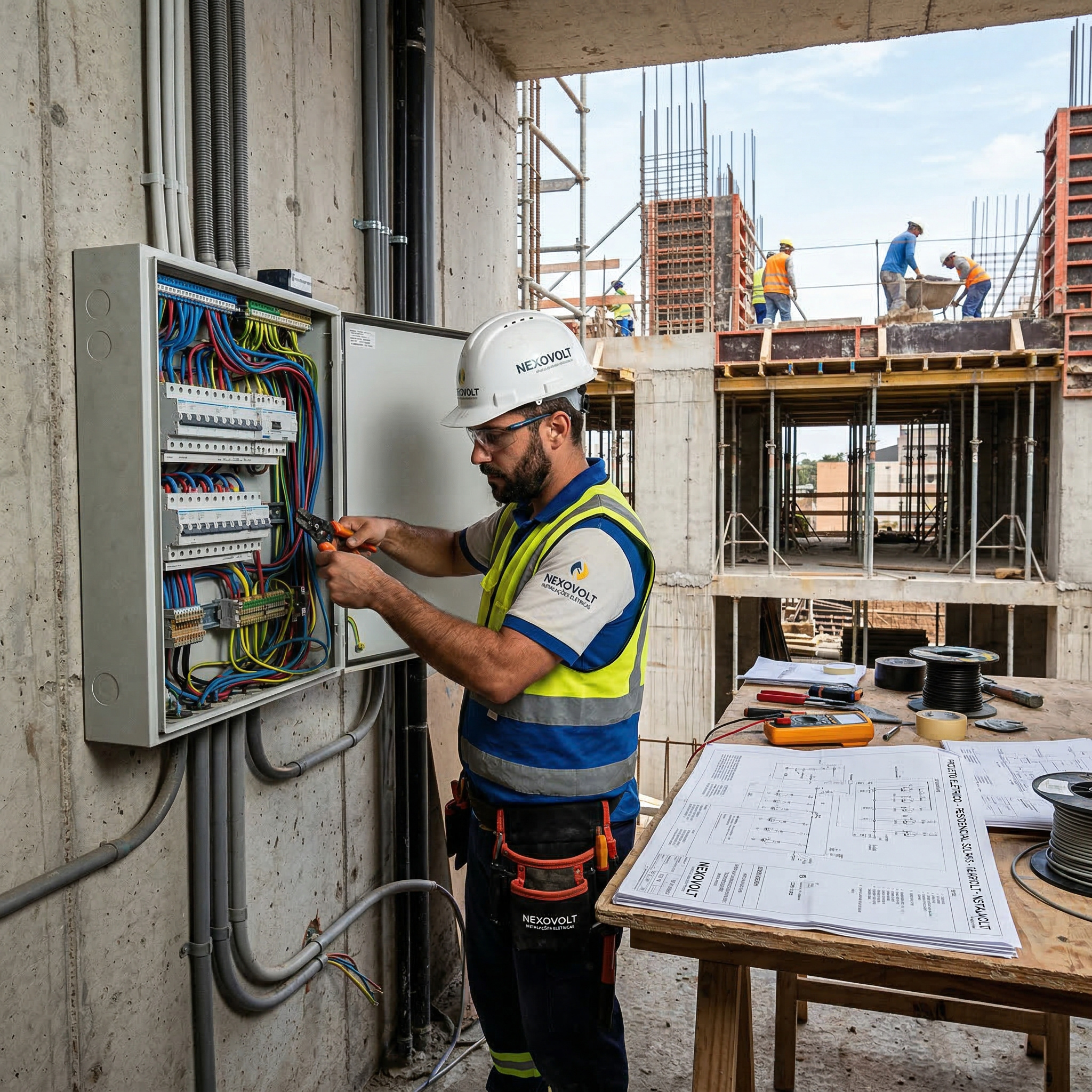 Eletricista Nexovolt a trabalhar num quadro elétrico em obra