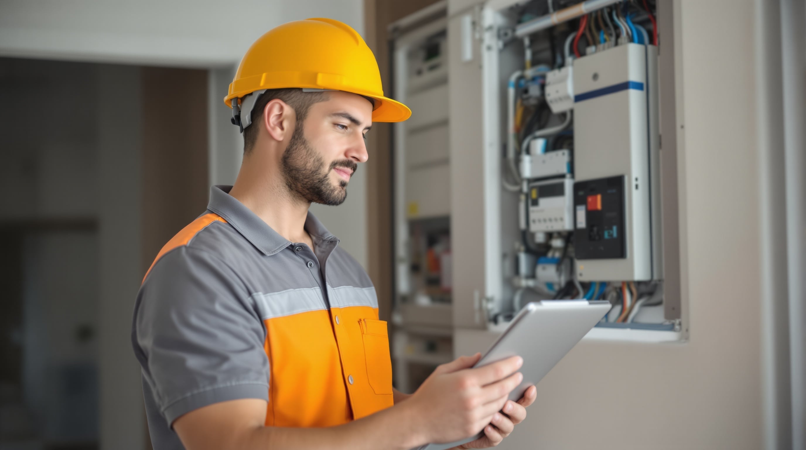Técnico a inspecionar instalação elétrica com prancheta
