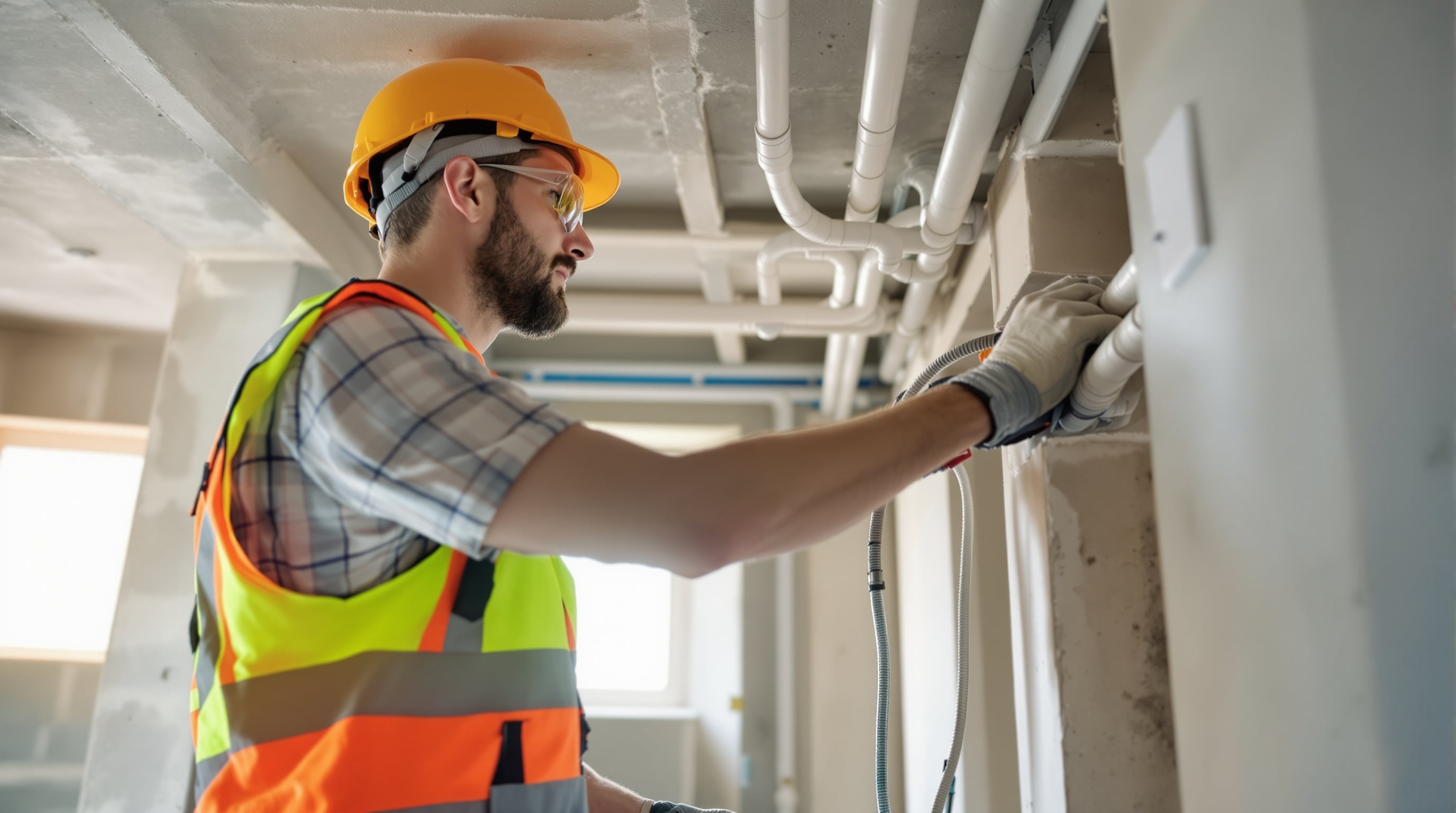 Eletricista a instalar cablagem numa construção nova