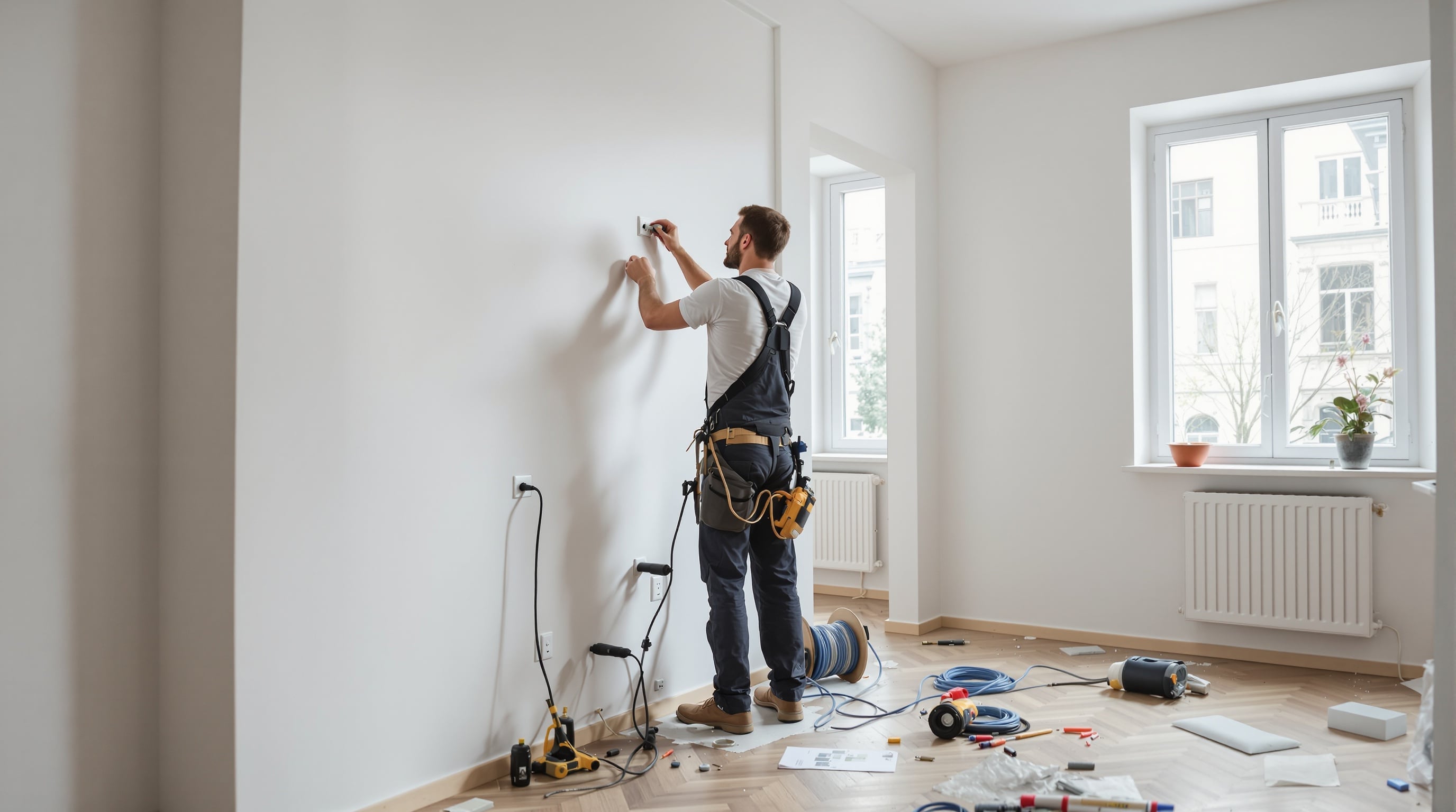 Eletricista a fazer reforma elétrica num apartamento